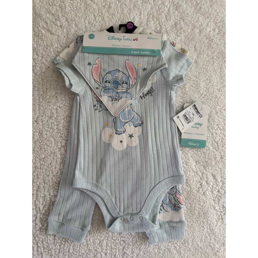 Disney Baby Stitch 4 Piece Bodysuit Jogger Bib Set Blue White 12M NWT